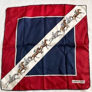 Daniel la Foret silky equestrian red blue 19” square scarf ascot race horses​​​​